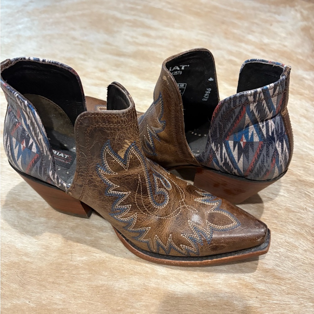 Ariat Brown Leather Ankle Booties with Blue & Red Patterned Heel